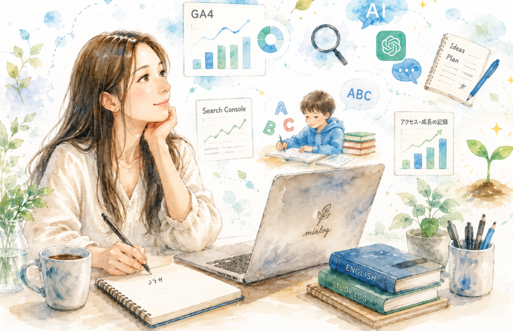 ノートパソコンでデータを分析しながら勉強する女性のイラスト。ノートにはこのブログの「みろぐ」も文字が入っている